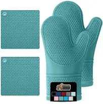 Gorilla Grip BPA-Free Soft Silicone Oven Mitts and Potholder Set of 4 Heat Resistant Hot Pads, Thick Cotton Lined Cooking Mitt, Long Gloves Protect Hands, Kitchen Waterproof Trivets, 12.5" Turquoise