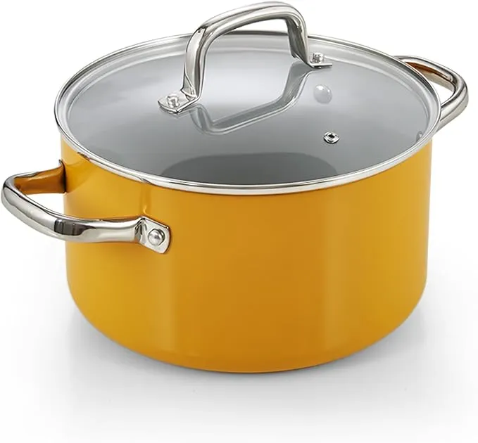 Cook N Home Non Stick Stock Pot with Lid, 6-Quart Hard Anodized Ceramic Nonstick Gumbo Pasta Pot, Induction Cookware Stockpot for Cooking, Canning, Sauce, Ollas para Cocina, Yellow