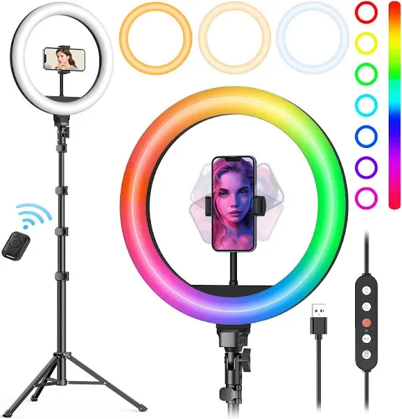 12&#x27;&#x27; Ring Light with Stand 72&#x27;&#x27; Tall &amp; 2 Phone Holders,38 Color Modes