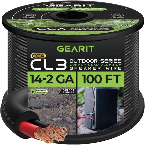 100ft 14/2 Speaker Wire - Outdoor Direct Burial - Copper Clad Aluminum - Black