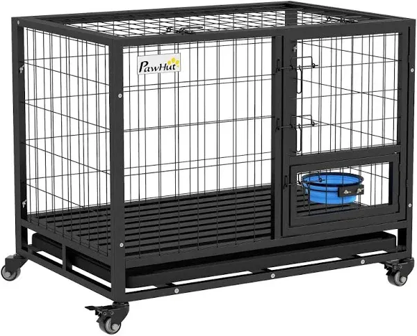 PawHut 36" Heavy Duty Dog Crate with Bowl Holder, Strong Steel Dog Cage Kennel with Wheels, Detachable Door, Openable Top and Removable Tray for Large and Extra Large Dogs, Black