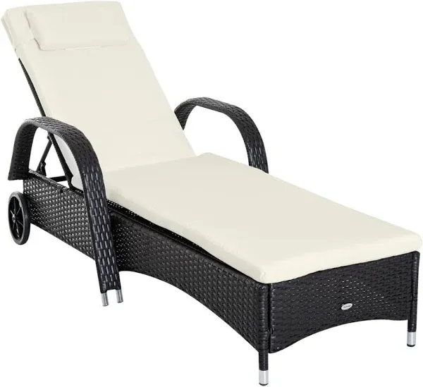 Outsunny Wicker Outdoor Chaise Lounge, 5-Level Adjustable Backrest PE Rattan Pool Lounge Chair with Wheels, Cushion & Headrest, Dark Coffee and Cream White