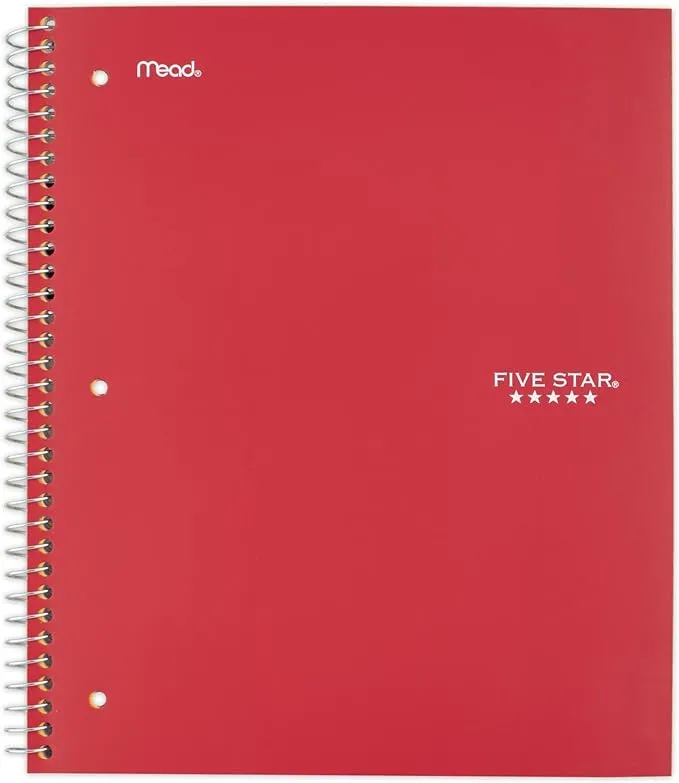 Five Star Spiral Notebook, 1 Subject, Wide Ruled Paper, 100 Sheets, 10-1/2" x 8", Red (72017)