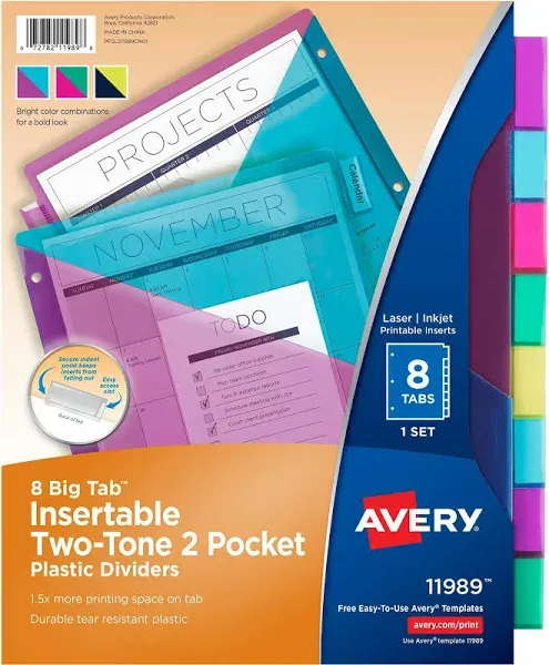 Avery Big Tab Insertable Plastic Dividers, Two-Tone, Two Pockets, 8-Tab Set (11983)