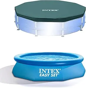 Intex 10ft Round Swimming Pool Cover & Easy Set 10ft x 30in Inflatable Pool