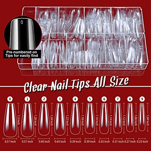 Acrylic False Nail Tips kit FANDAMEI 600 PCS Full Cover Clear Fake Nail Tips with Nail Glue