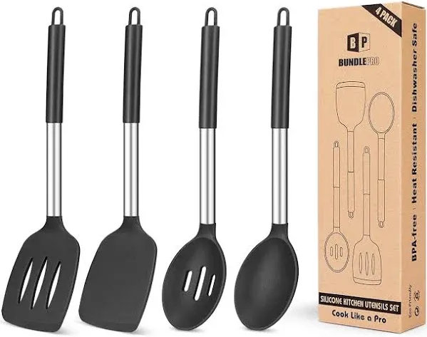 Pack of 4 Silicone Cooking Utensils Set, Non Stick Large Solid Spatulas, Heat Resistant Black Slotted Spoons, Ideal BPA Free Kitchen Turners for Frying, Mixing,Serving,Draining,Turning,Stirring