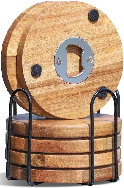 Acacia Wooden Coasters for Drinks with Bottle Opener Holder (Set of 6)