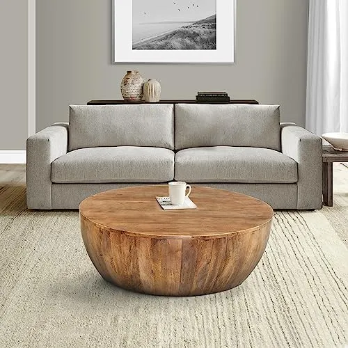 The Urban Port Arthur Handcarved Drum Shape Round Top Distressed Wooden Coffee Table