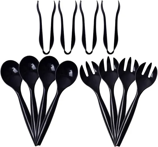 72pcs Plastic Serving Utensils Heavy Duty Disposable Serving Tongs Black Disposable Serving Set 10" Spoons 10" Forks 6" Tongs Each 24pcs Supernal