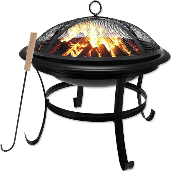 22 Inch Small Wood Burning Fire Pit Bonfire Pit BBQ Grill Pit Bowl Spark Screen Log Grate Poker 