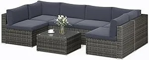 SUNVIVI OUTDOOR 7 Piece Patio Furniture Sets All Weather Gery PE Wicker Couch Sofa with Glass Table, Removable Dark Grey Cushions