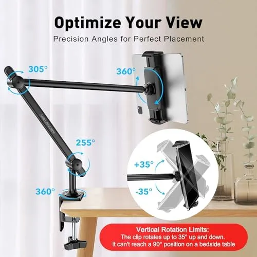 AboveTEK Premium Tablet Stand Holder, Aluminum Adjustable iPad Arm Clamp Mount for Desk & Bed with 360° Rotation, Overhead Compatible with 4.5"-13.5" iPad Pro/Air/Mini, iPhone, Galaxy Tab-White