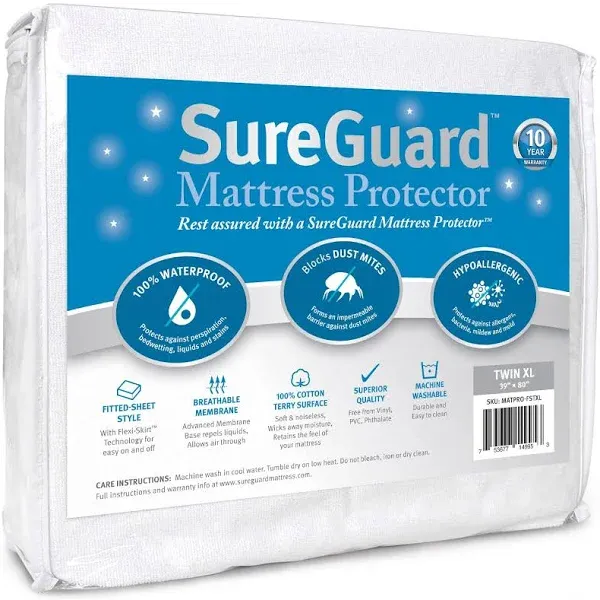 SureGuard Full Size Mattress Protector - 100% Waterproof, Hypoallergenic - Pr...