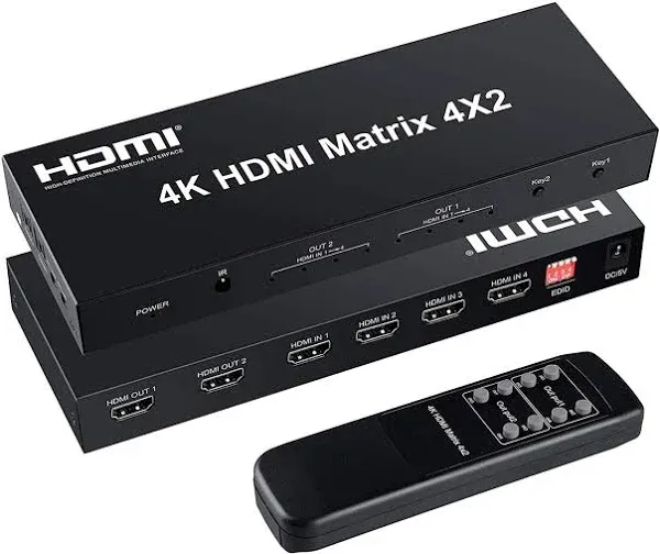 FERRISA 4x2 HDMI Matrix Switch,4 in 2 Out Matrix HDMI Video Switcher Splitter +Optical & L/R Audio Output,Support Ultra HD 4K,3D 1080P,Audio EDID