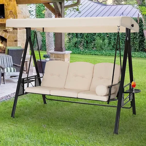 Aecojoy 3-Person Steel Frame Outdoor Patio Swing Chair in Beige with Canopy