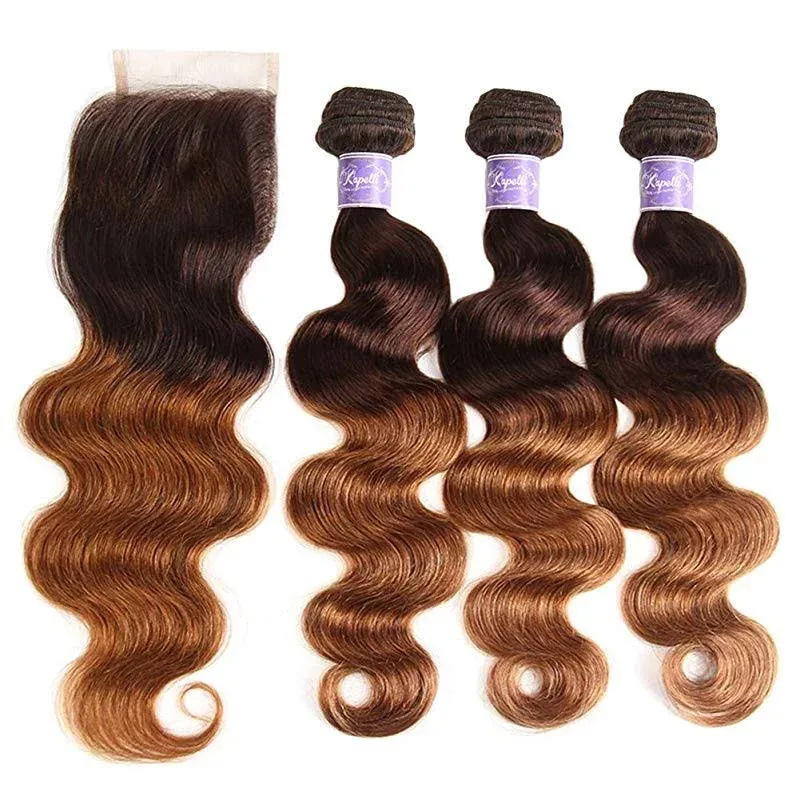 Kapelli Hair 10A Ombre Brazilian Human Hair With Closure (12 14 16+12) Brazilian Human Hair 3 Bundles with Closure Brazilian Body Wave with Closure 2 Tone Black to Burgundy Human Hair Weave