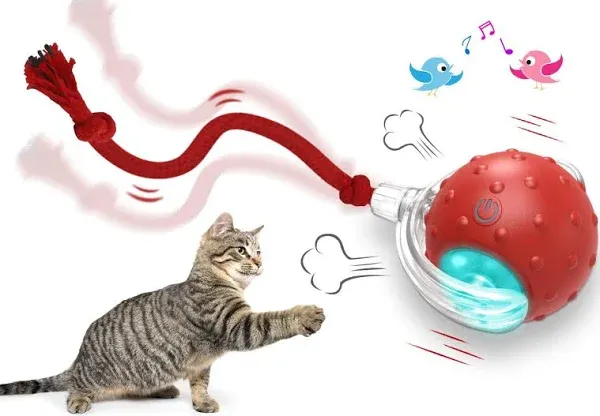 Giociv Interactive Cat Toys Ball for Indoor Cats Fast Rolling On Carpet, Chirping & Motion Activate Cat Toys (Red)