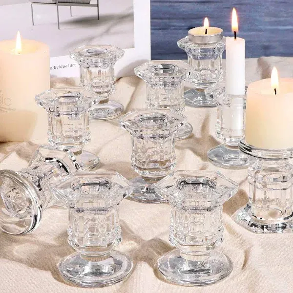 Candlestick Holders Bulk, 12 Pcs Glass Candle Holders Set Clear, Crystal Taper Candle Holders for Wedding, Table Centerpiece, Home Decoration(Exclude Candles)