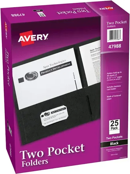 Avery® Two-Pocket Folder, 40-Sheet Capacity, 11 x 8.5, Black, 25/Box (AVE47988)