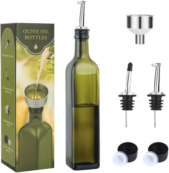 AOZITA 17oz Glass Olive Oil Bottle Dispenser 500ml Green Oil and Vinegar Cruet with Pourers and Funnel