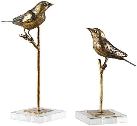 Passerines Antique Gold Leaf Bird Figurines - Set of 2