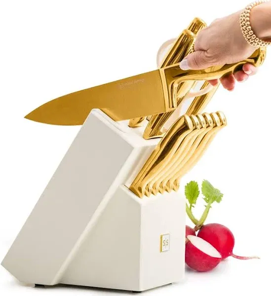 Styled Settings Gold Knife Set with White Self-Sharpenin<wbr/>g Block 14 piece set