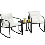 Flamaker Patio Chairs 3 Piece Wicker Rocking Chair Outdoor Bistro Sets with Coffee Table and Cushions Metal Frame Patio Furniture for Porch, Balcony