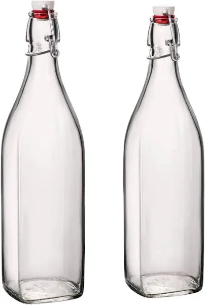 Bormioli Rocco Set Of 2 Square Swing Top Glass 8.5 Oz. Bottles With Airtight Hermetic Lid, Bottles Kombucha, Beer, And Limoncello, Dishwasher Safe, Made In Italy.