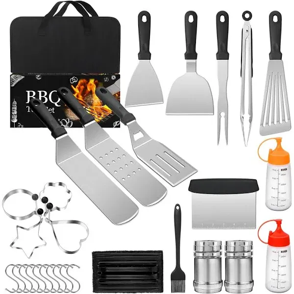 Griddle Accessories Kit 30PCS, Flat Top Grill Accessories Set for Blackstone and Camp Chef, Grill Spatula Set with Enlarged Spatulas, Basting Cover, Scraper for Outdoor BBQ