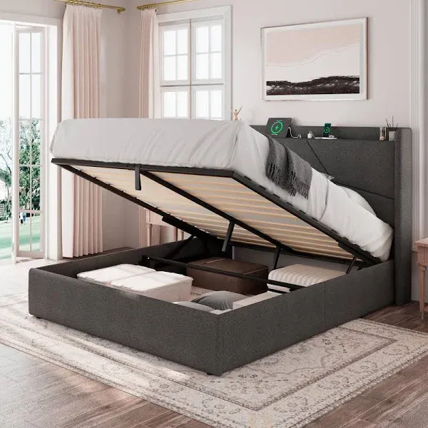 Queen Size Lift Up Storage Bed Frame with Charging Station, Upholstered Platform Bed with Geometric Wingback Storage Headboard, Solid Wood Slat Support, No Box Spring Needed, Dark Grey