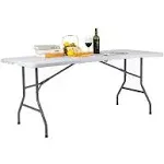 ANJIONG Folding Table 6ft Portable Heavy Duty Plastic Fold-in-Half Utility Picnic Table Plastic Dining Table Indoor Outdoor for Camping White