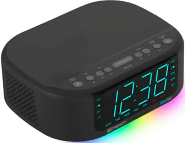 Emerson CKS8888 6-Watt Smartset Stereo Sound Bluetooth Speaker AM/FM Radio with 7-Color Changing Lights, 1.2” Cyan Display and USB Type-C Charging, Black