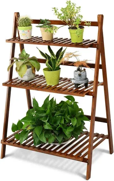 Costway 3 Tier Bamboo Folding Plant Shelf Stand Flower Pot Display Rack