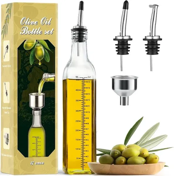 AOZITA 17oz Glass Olive Oil Dispenser Bottle - 500ml Oil & Vinegar Cruet with Pourers and Funnel - Olive Oil Carafe Decanter for Kitchen, Brown