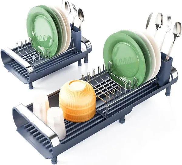 Dish Drying Rack, Kitchen Counter Small Drainers Rack Expandable(11" to 19.3"), in Sink Auto-Drain Compact Stainless Steel Strainers with Utensil Caddy, Grey