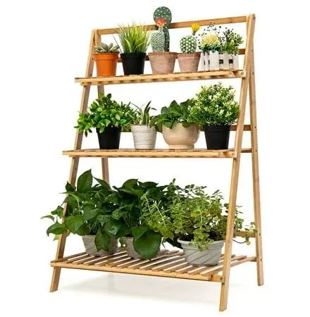 Costway 3 Tier Bamboo Folding Plant Shelf Stand Flower Pot Display Rack