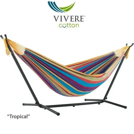 Double Cotton Hammock with Space Saving Steel Stand, 450 lb Capacity - Premium Carry Bag Included