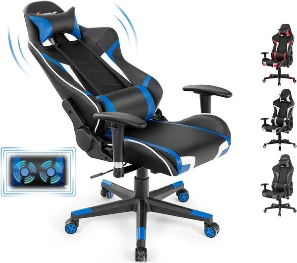 Massage Gaming Chair, High Back Office Computer Chair with Headrest and Lumbar Support, Racing Style Reclining Swiveling Game Chair for Home Office (Blue)