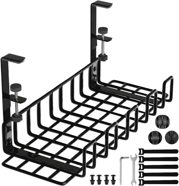 Under Desk Cable Management Tray, 16” No Drill Cord Organizer with Clamps for Wire Management, 4mm Sturdy Wire Desk Cable Organizer Tray, Cable Management Rack for Home & Office (Pack of 2)