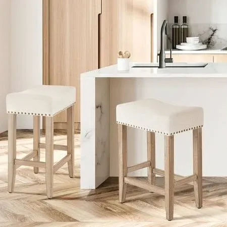 Furniliving Bar Stools Set of 2,25.7 inch Counter Height Bar Stools,Upholstered Kitchen Barstools with Solid Wooden Legs, Saddle Stools for Kitchen Island, Bar, Cafe, Beige