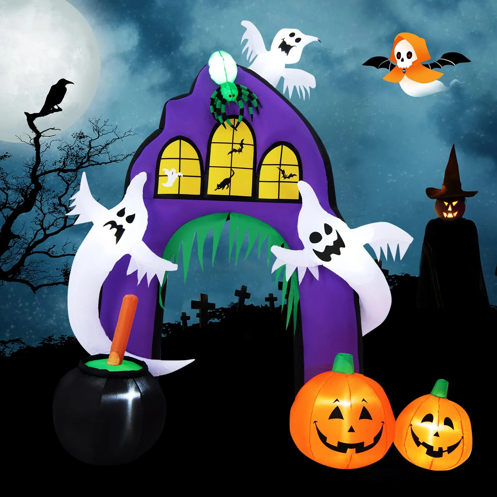 COSTWAY 9 Ft Tall Halloween Inflatable Castle Archway Decor w/Spider Ghosts & Built-in Lights