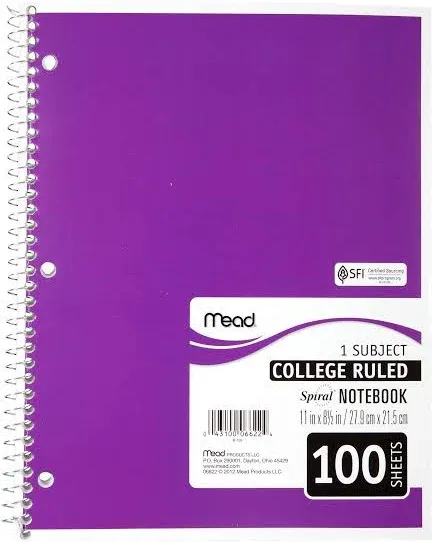 Mead® Spiral Notebook, 1 Subject, Medium/College Rule, Assorted Color Covers, 11 x 8, 100 Sheets (MEA06622)