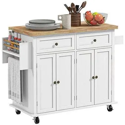 HOMCOM Kitchen Island on Wheels Rolling Cart with Rubberwood Top Spice Rack