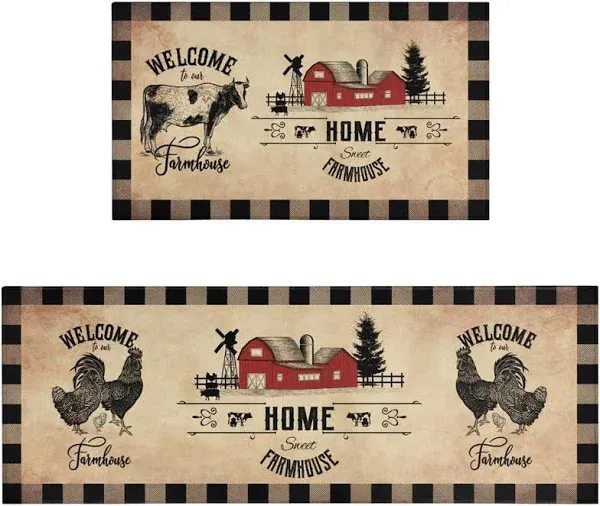 Farmhouse Kitchen Rugs Sets of 2 Brown Country Rustic Rooster Cow Kitchen Rug Wa