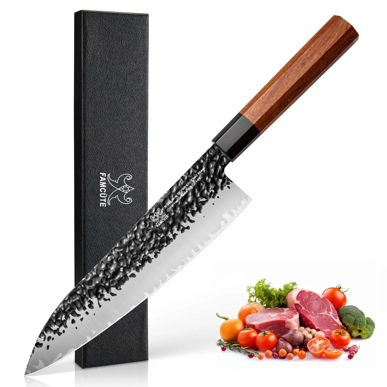 FAMCÜTE 8 Inch Japanese Knife, Hand Forged High Carbon Steel 3 Layers 9CR18MOV Wood Handle Professional Kitchen Knife