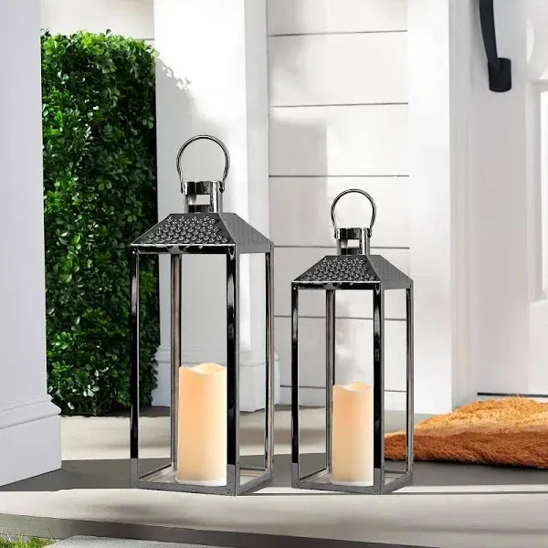 Lanterns Decorative Outdoor Set of 2 19’’&15.5’’ Modern Stainless Steel Lanterns with LED Candles Large Decorative Candle Lanterns for Living Room Indoor Outdoor Porch Patio Home Decor