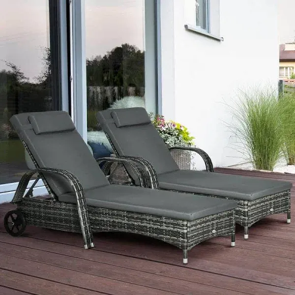 Outsunny Wicker Outdoor Chaise Lounge, 5-Level Adjustable Backrest PE Rattan Pool Lounge Chair with Wheels, Cushion & Headrest, Mixed Gray and Charcoal Gray