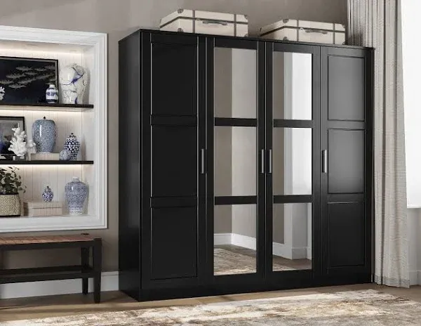 Palace Imports 100% Solid Wood Cosmo 4-Door Wardrobe with Solid Wood or Mirrored Doors