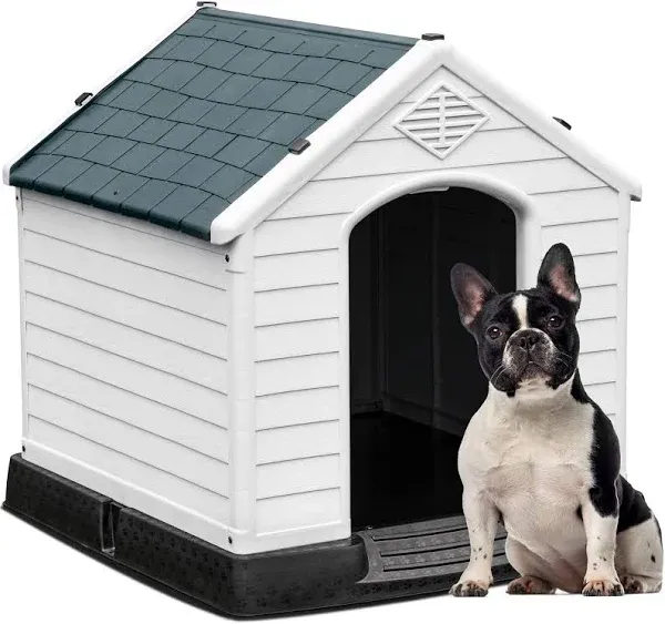 YITAHOME Large Plastic Dog House Outdoor Indoor Doghouse Puppy Shelter Water Resistant Easy Assembly Sturdy Dog Kennel with Air Vents and Elevated FLO